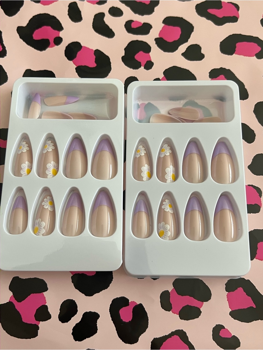 Daisy Accent Nude Press-On Nails with Lavender Tips